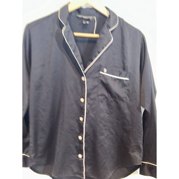 Victoria's Secret Black Satin Button Down Sleep Shirt w/White Trim Size Small - Picture 1 of 10